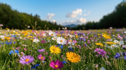 Colorful wildflowers bloom in a mountain meadow under a blue sky.  Perfect for nature or travel promotions