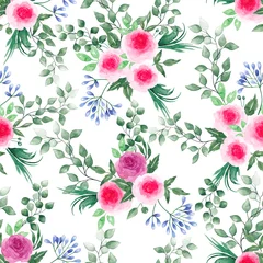 Selbstklebende Fototapeten Tropische Blätter Seamless pattern of flowers and leaves. Watercolor illustration.  © Marisha paint
