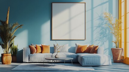 3D rendering of a large blank picture frame on a wall