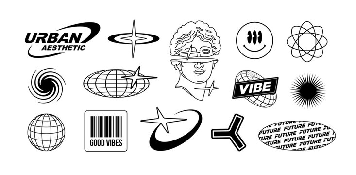 Trendy Y2k rave logo elements set for graphic design and prints on apparel. Geometric brutal shapes, retro 90s - 2000s graphic elements. Stars, shapes, global symbols in y2k style vector collection