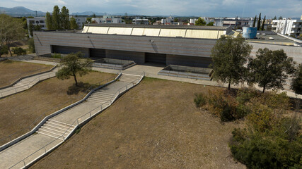Aerial view of empty stairs leading to a building.