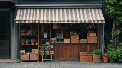 Small shop with striped awning, wooden shelves, plants, and boxes.