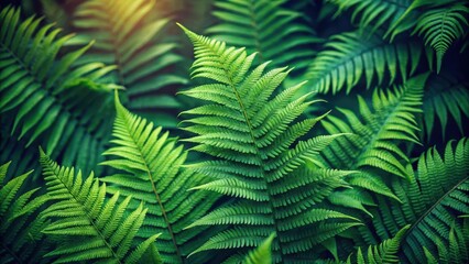 Fototapeta premium Lush Green Fern Fronds in Vibrant Sunlight, Displaying Intricate Details and Textured Patterns of Nature's Botanical Beauty