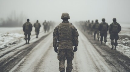Soldier leading troops on snowy road, winter military training.