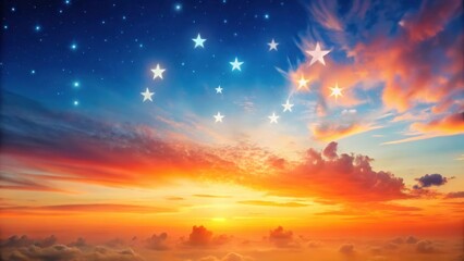 Fototapeta premium Celestial Transition A Vivid Sunset Sky with Glowing Stars Ascending from Night to Day