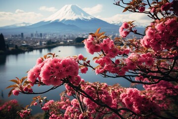 Ethereal Beauty: Cherry Blossoms by the Lake with Mount Fuji in the Background