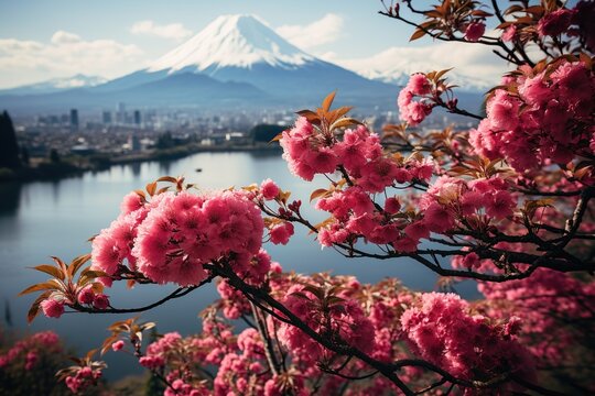Ethereal Beauty: Cherry Blossoms by the Lake with Mount Fuji in the Background