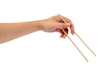 Wood chopsticks for rice and hand on a transparent background