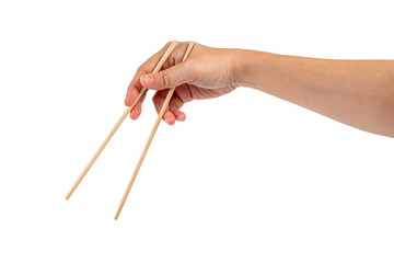 Wood chopsticks for rice and hand on a transparent background