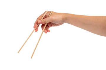 Wood chopsticks for rice and hand on a transparent background