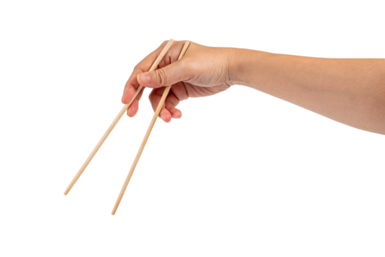 Wood chopsticks for rice and hand on a transparent background