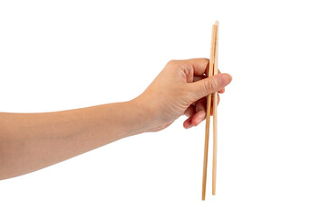Wood chopsticks for rice and hand on a transparent background