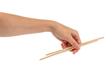 Wood chopsticks for rice and hand on a transparent background