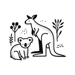 Hand-drawn monochrome kangaroo and koala vector illustration