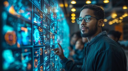 A teacher interacting with a group of students through a digital whiteboard in a modern classroom, using technology to enhance learning, in bright, futuristic tones of blue, green, and white