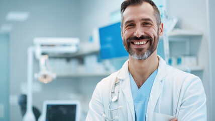 smiling male doctor in modern medical office, wearing white coat and stethoscope, exuding confidence and professionalism. background features medical equipment and clean, bright environment