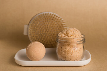 Body brush made of natural materials, bubbling bath ball, body scrub in a jar