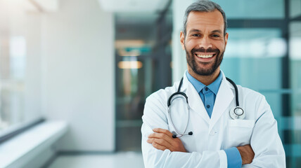 confident doctor in white coat with stethoscope smiles warmly in modern medical facility, conveying professionalism and care