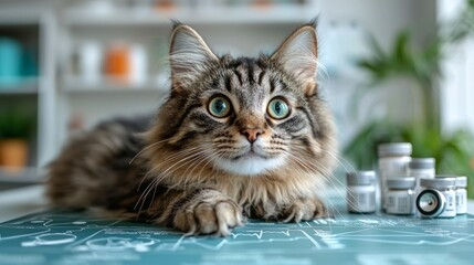 A veterinary clinic educational banner promoting pet health and well-being, with pet health facts displayed alongside medical images like stethoscopes, bandages, and health charts