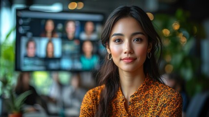 A video conference call displayed on a large monitor in a meeting room, with several participants on-screen and a group of colleagues sitting at the table in a hybrid work environment