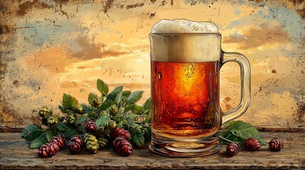 A vintage-inspired badge for a craft brewery, with an illustration of a beer mug or hops, paired with retro typography, in warm amber and gold colors