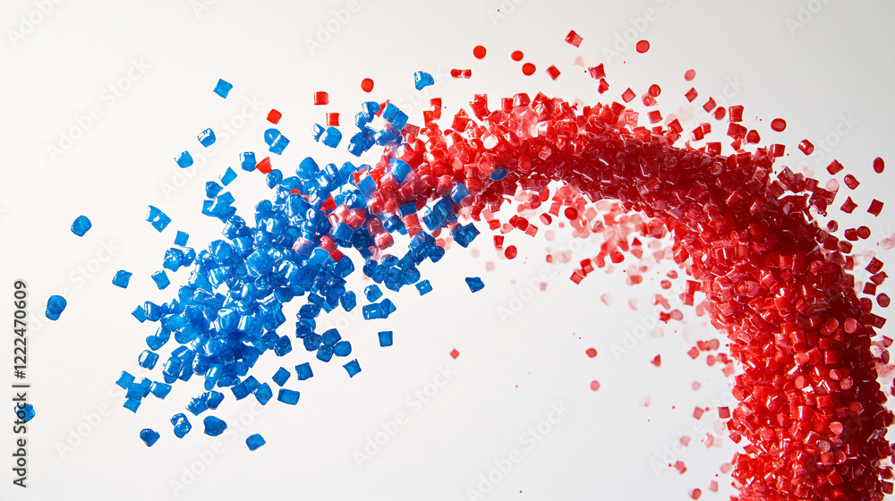 Poster an abstract composition of red and blue granules colliding in mid-air against a white background cre