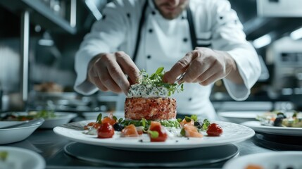 A professional chef plating a gourmet dish in a high-end restaurant kitchen.
