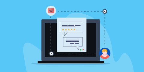 Conversation chat bubble with customer feedback and rating concept, AI chatbot customer support service e-business concept, vector illustration.