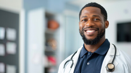 smiling sports medicine doctor wearing stethoscope in professional setting, exuding confidence and approachability. background includes blurred medical and sports related elements