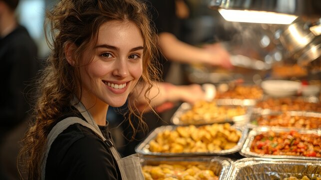 A volunteer helping to serve food at a Christian charity event, with people in need being served with kindness and compassion, symbolizing Christian service and love for others