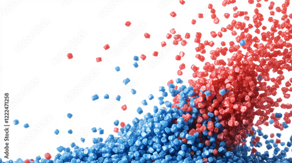 Poster mixed red and blue beads in motion on a white background, creating a colorful and dynamic flow
