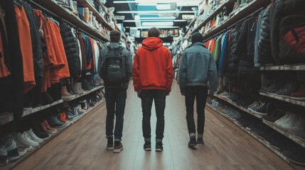 Three young men standing in a retail store aisle browsing winter clothing and footwear.