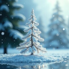 Fototapeta premium A frosted glass mirror with a frosted glass Christmas tree branch arrangement on the surface, ice, frosted glass