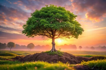 Fototapeta premium A solitary tree stands on a small hill, silhouetted against a vibrant sunrise, showcasing nature's peaceful beauty