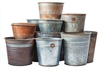 Naklejka premium Vintage Rustic Metal Buckets and Pots: A Charming Collection of Aged Galvanized Containers for Home Decor and Garden