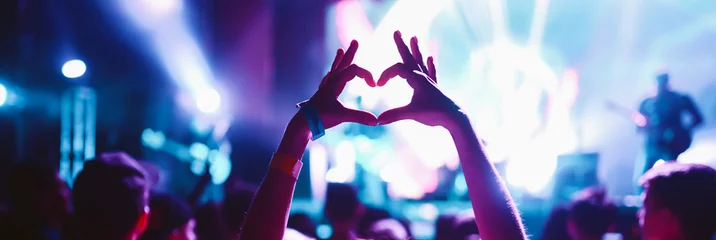 Crowd at concert. Stage lights and hands in the air. People enjoying the party. Fans enjoying music festival. © maxbelchenko