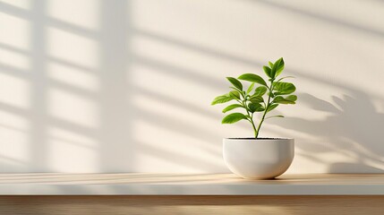 Wellness home minimalist idea. A vibrant green plant in a white pot on a wooden table, casting beautiful shadows.