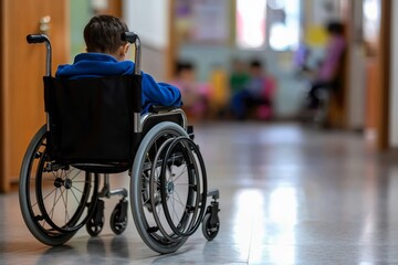 Obraz premium A child in a wheelchair attends a school designed for children with disabilities.