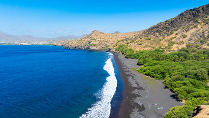 Obraz premium Aerial view of Ribeira Das Pratas beach in Santiago island in Cape Verde - Cabo Verde