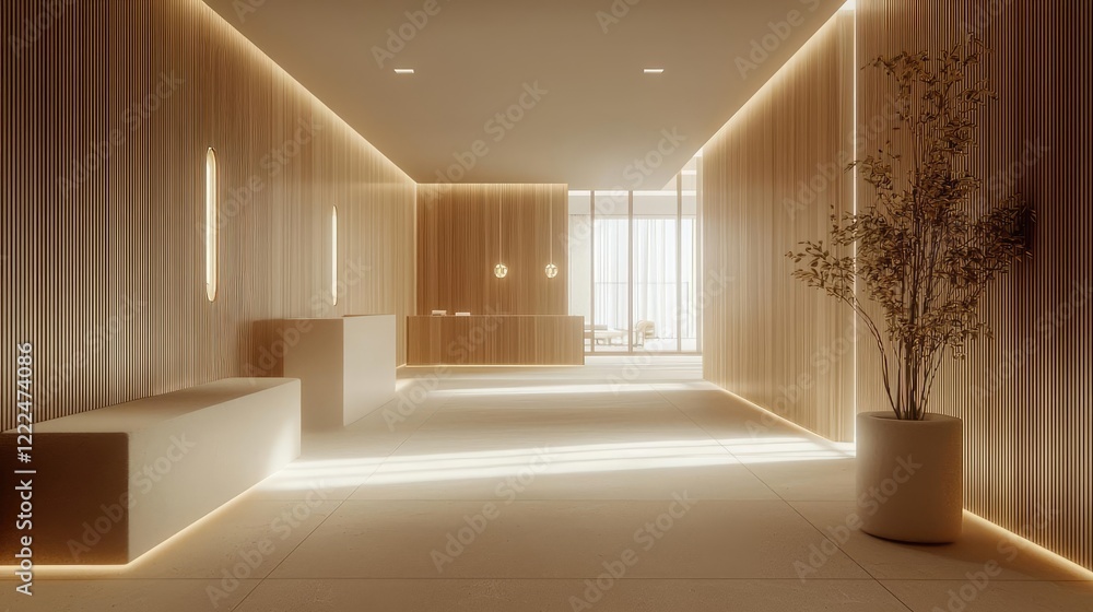 Poster spa inspired design minimalist concept. a modern corridor with wooden accents and soft lighting crea