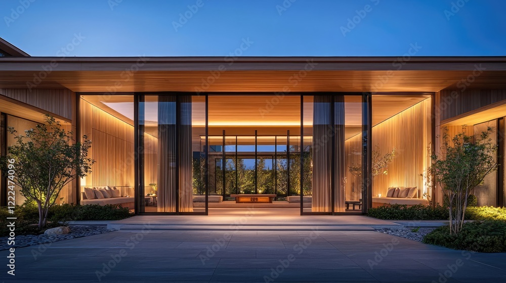Poster spa inspired design minimalist concept. modern building entrance illuminated by warm lights in a ser