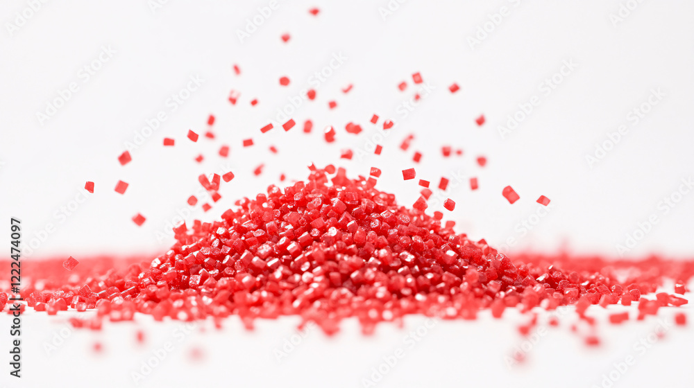Poster tiny red granules fall from a pile in a dynamic motion against a bright white background highlightin
