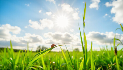 Obraz premium Ladybug resting on green blade of grass under bright sunlight