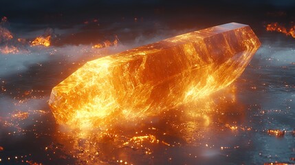 Fiery crystal rests on burning landscape; apocalyptic scene