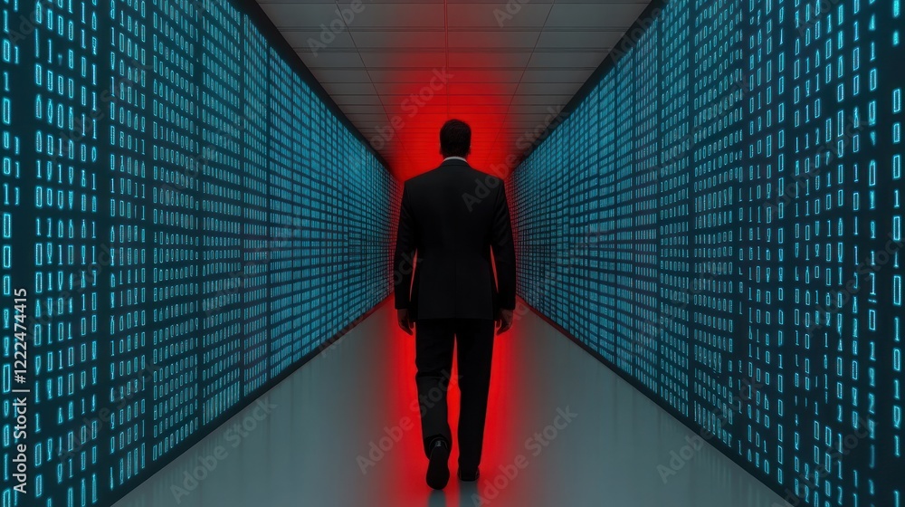 Poster businessman walking through digital data tunnel in dark environment