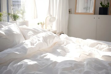 Obraz premium The warm glow of sunlight highlights a peaceful bedroom with a white bed. 