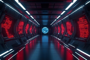 Futuristic Spaceship Corridor with Red Digital Displays and a Blue Planet