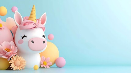 Adorable Pastel Unicorn with Flowers A Whimsical 3D Rendered Illustration