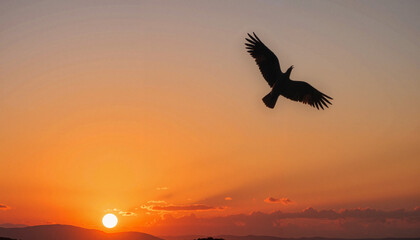 Naklejka premium Eagle soaring at sunset over mountains