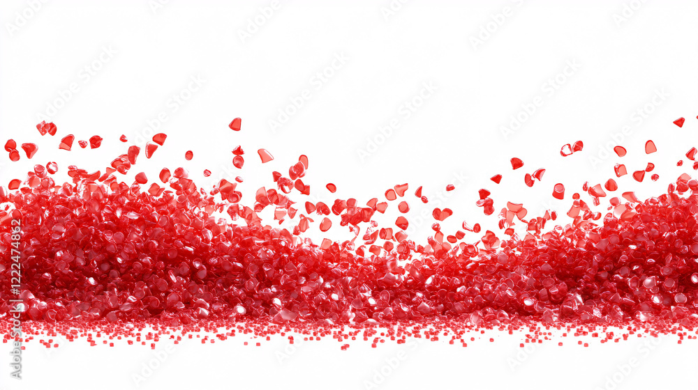 Poster dynamic red gemstones scattered in midair against a bright white background creating an abstract lux